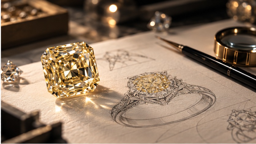 Natural fancy color diamond and bespoke jewelry sketch